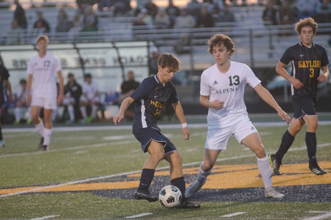Gaylord's Hector Gea Lozano makes a move during Gaylord soccer's Senior Day game against Alpena on Tuesday, October 4.