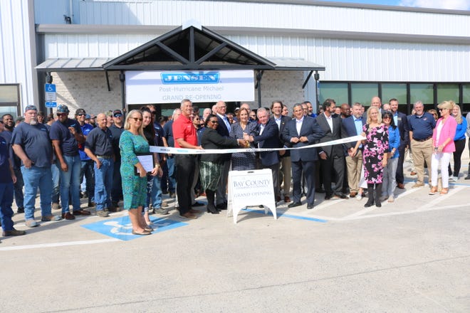 Officials with Jensen USA Inc. and Bay County held a ribbon-cutting ceremony on Wednesday, Oct. 5, 2022, for the grand reopening of its building after it sustained damage from Hurricane Michael.