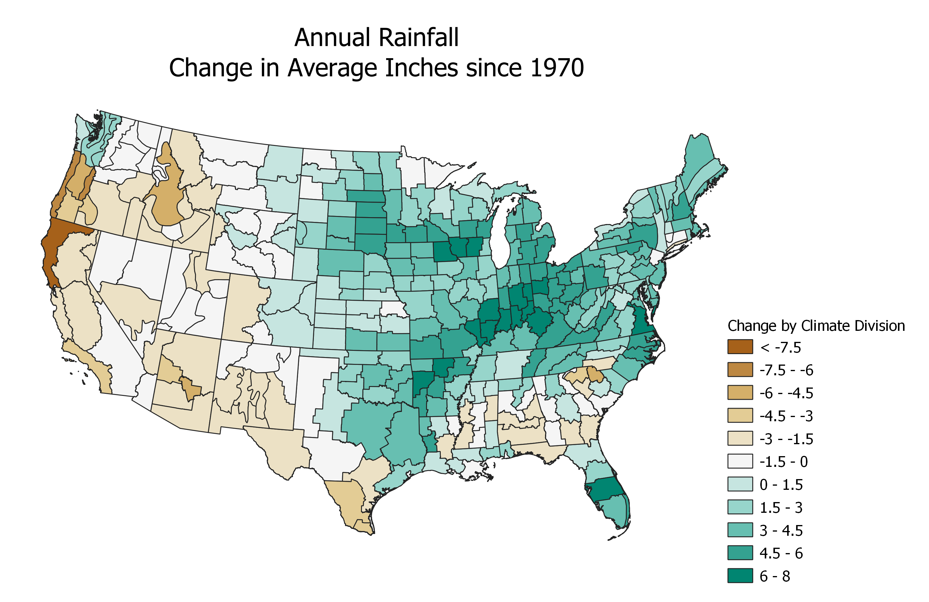 A new analysis of federal data shows that average annual rainfall has increased as much as 8 inches throughout much of the Mississippi River basin since 1970. Meanwhile, parts of the west have lost 6 to 7 inches of rain a year.