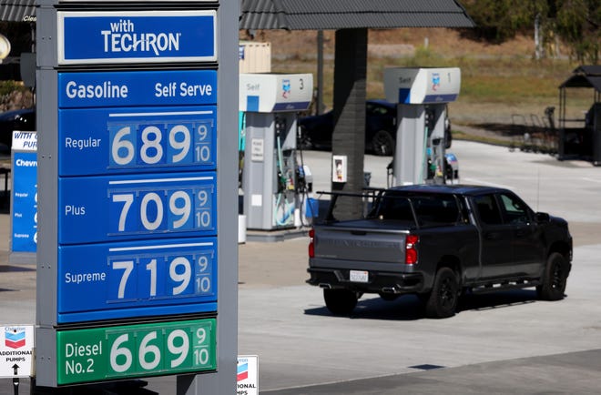 Gas prices over $7 a gallon are displayed at a Chevron gas station on Oct. 3 in Mill Valley, California. Gas prices continue to surge in California with the average price for regular unleaded at $6.25 on Monday compared to the national average of $3.765 a gallon.