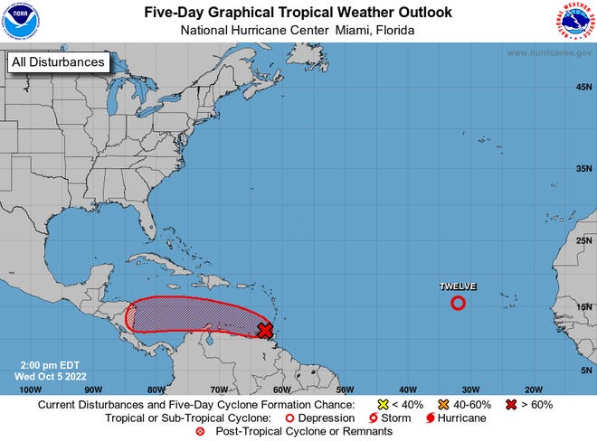 A developing tropical system in the eastern Caribbean Sea (red x) could impact Central America as a tropical storm or hurricane over the next few days, forecasters warned.