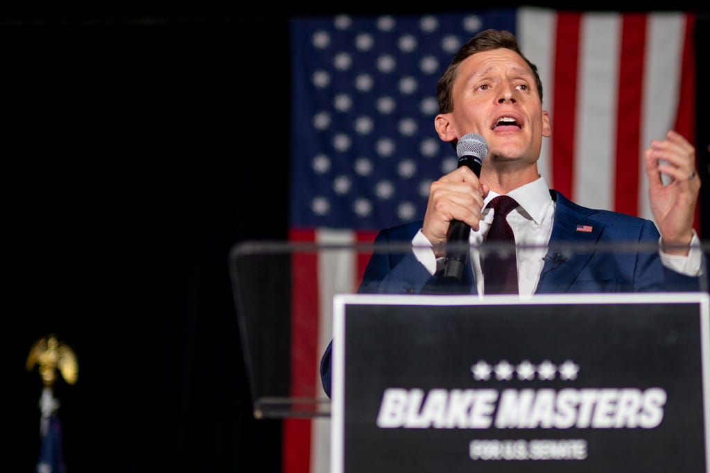 Republican U.S. Senate candidate Blake Masters speaks during his primary election night watch party on Aug. 2, 2022, in Chandler, Arizona.