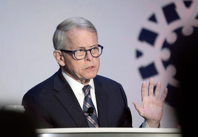 Ohio Gov. Mike DeWine speaks during a forum presented by Vote for Ohio Kids on Thursday at the Greater Columbus Convention Center. Barbara Perenic/Columbus Dispatch