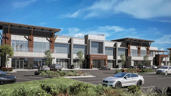 Una representación del próximo desarrollo 114.Slide indica el tamaño del complejo comercial y de oficinas de 70,000 pies cuadrados.