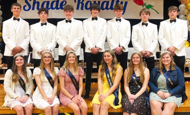 The 2022 Shade Homecoming Court included from left, front row are queen candidates: Hailee Chapman, Anna Deneen, Calista Adomnik, Jenna Muha, Hannah Stoppe and Olivia Landis. Back row: Aaron Maga, Jake Dietz, Blake Marek, Cole Milavec, Nathan Sarver, Dillon Collins and Connor Nihoff. Shade homecoming was held at Panther stadium on September 30 at halftime after a parade and bonfire held Thursday. Jenna Muha was crowned the 2022 Shade Homecoming Queen.