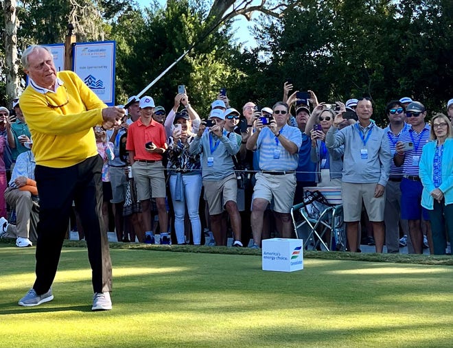Jack Nicklaus hits the honorary opening tee shot last year at the Constellation Energy Furyk & Friends PGA Tour Champions event. He won two of the first three Players Championships and three in all.