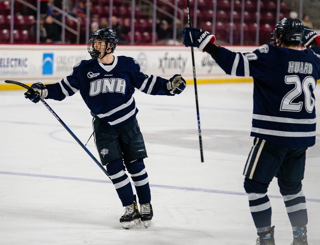 Senior defensemen Kalle Eriksson, left, and the University of New Hampshire men's hockey team opens the season at home this weekend. The Wildcats host Clarkson on Friday, and St. Lawrence on Saturday.