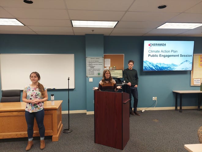 Amber Greaney, Emilee Brown and Nick McCreary of KERAMIDA introduce themselves at a public engagement session to allow Kent residents to provide input for the city's climate action plan.
