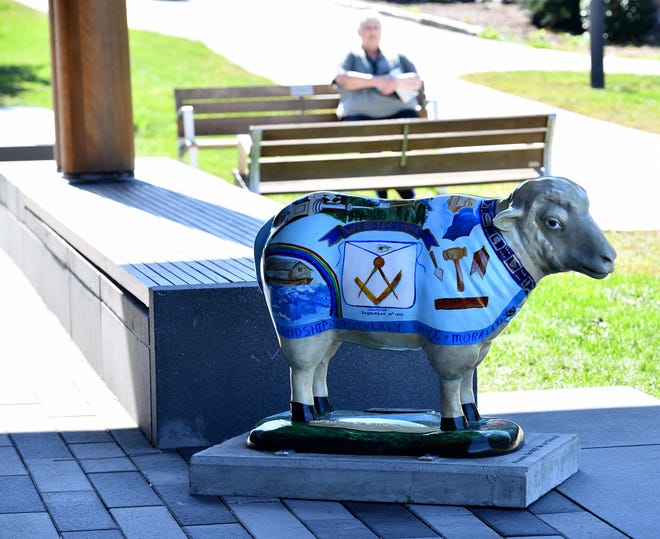 Gladys E. Kelly Library's Slater's Sheep sponsored by the Webster Masonic Lodge and created by artists Karen Malo, Michael and Kaitlin Dowds.