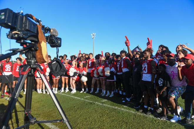 The Vero Beach High School football team and cheerleaders gather for a live broadcast on the Today Show called Friday Morning Lights at Billy Livings Field in Vero Beach on Friday, Oct. 7, 2022.