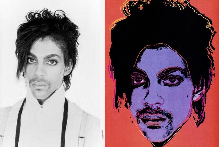 Photograghic exhibits included in a Brief in Opposition filed on behalf of photographer Lynn Goldsmith to the Supreme Court of the United States for a copyright case between Lynn Goldsmith and the Andy Warhol Foundation.  The case concerns a 1981 photo by Lynn Goldsmith of the musician Prince (l) and illustrations by Andy Warhol based on the image including an illustration published in Vanity Fair's November 1984 issue with the following credit: Lynn   Goldsmtih/LGI (r) [Via MerlinFTP Drop]