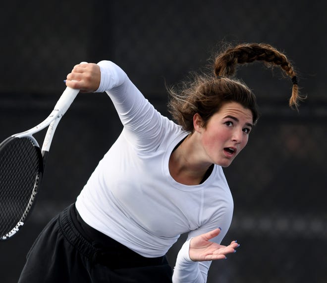 Hoover's Tess Bucher competes against teammate Addison Sheil in the singles semifinals of the Division I sectional tournament at Jackson North Park, Saturday, Oct. 8, 2022.