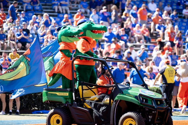 Florida Gators mascots Albert and Alberta the Gator ride on an ATV before the game against the Missouri Tigers at Steve Spurrier Field at Ben Hill Griffin Stadium in Gainesville, FL on Saturday, October 8, 2022. [Matt Pendleton/Gainesville Sun]
