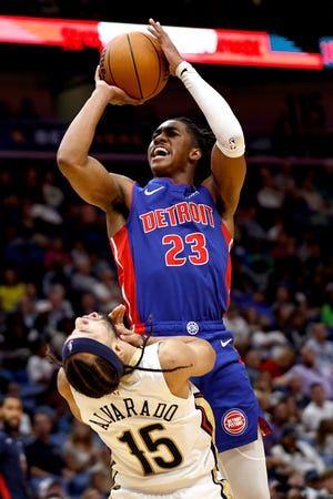 Pelicans guard Jose Alvarado draws a charging foul from Pistons guard Jaden Ivey during the third quarter of the Pistons' 107-101 preseason loss on Friday, Oct. 7, 2022, in New Orleans.