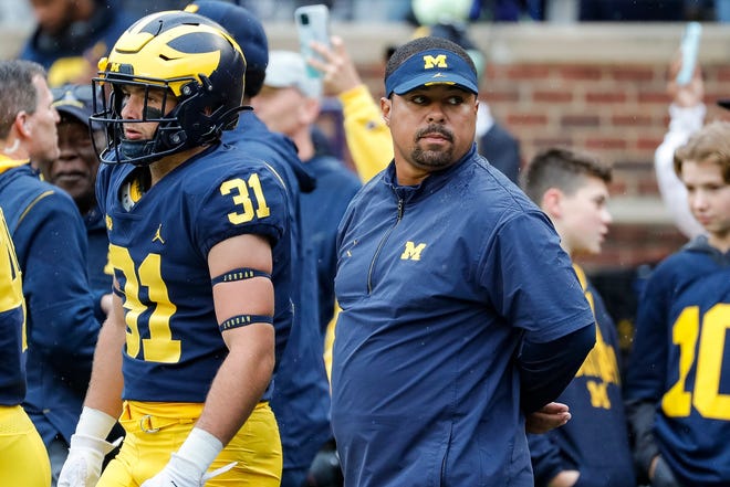 Michigan running back coach Mike Hart before a game in September.