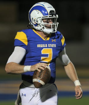 Angelo State University quarterback Zach Bronkhorst looks for an open receiver during a Lone Star Conference football game against Eastern New Mexico at 1st Community Credit Union Field at LeGrand Stadium on Saturday, Oct. 8, 2022.