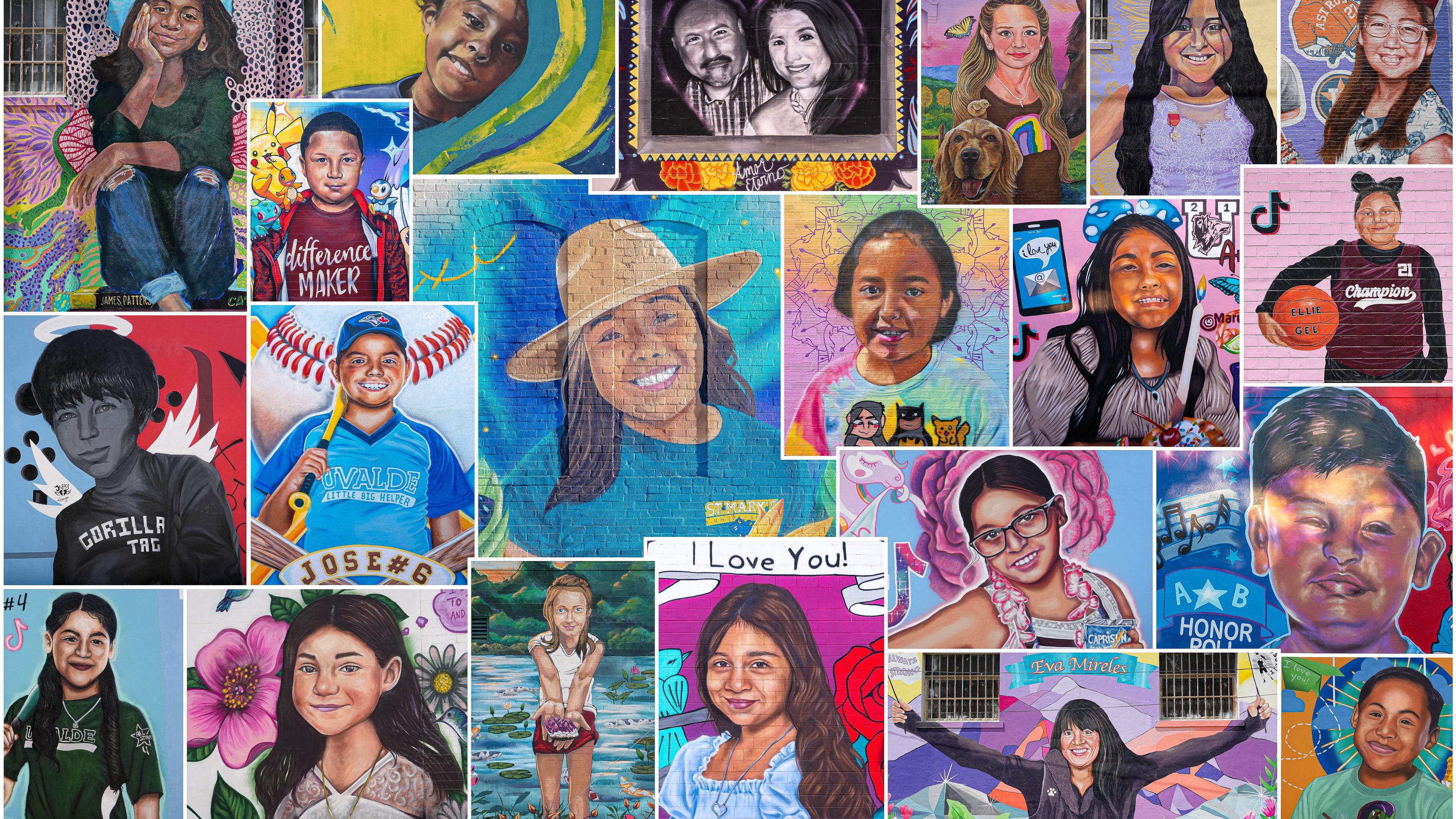 The murals painted for the 21 victims of the May, 2022 mass shooting at Robb Elementary School in Uvalde, Texas.