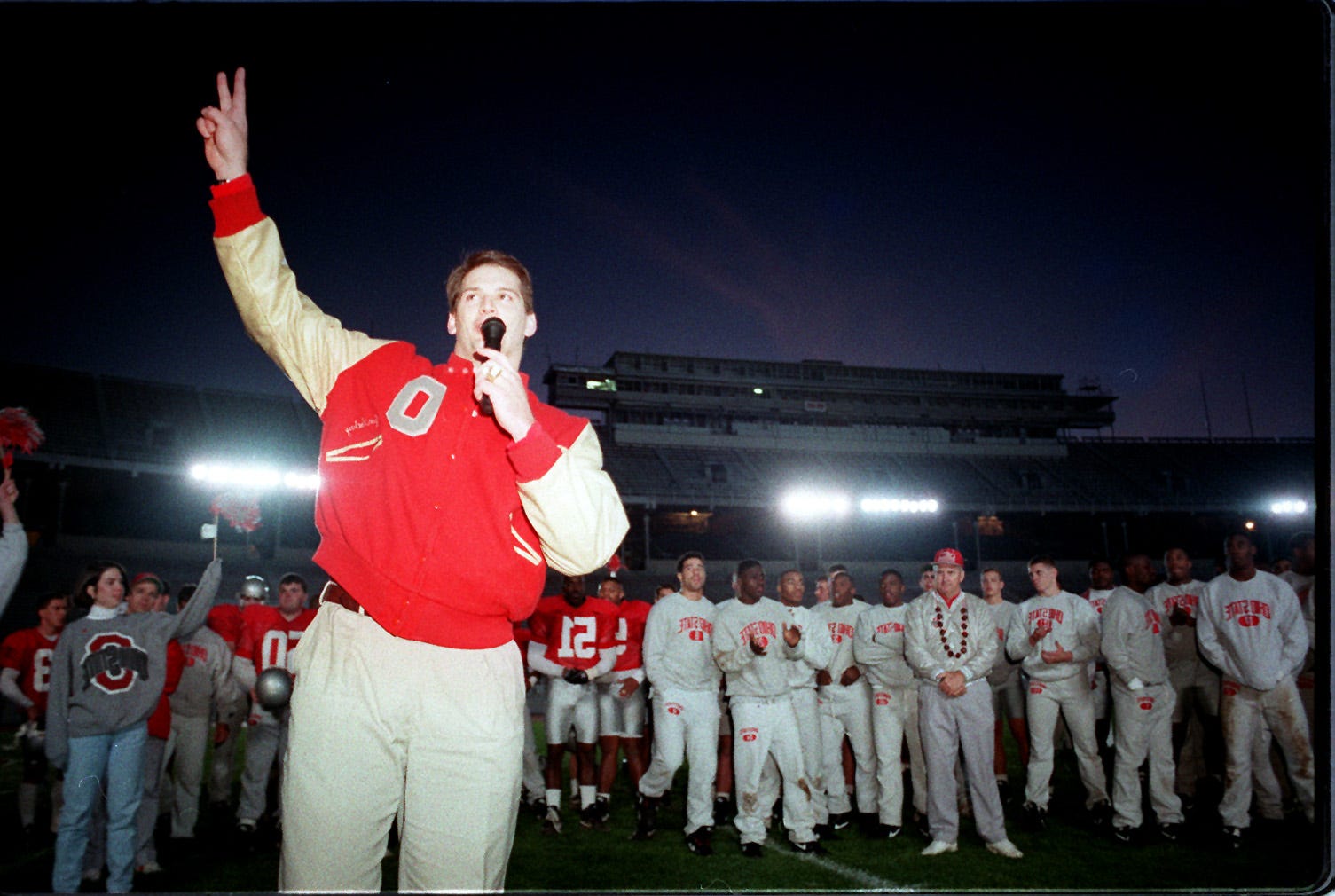 Jim Lachey addresses the crowd at Ohio Stadium on Nov. 18, 1993. Photo by Christopher Hankins/Dispatch