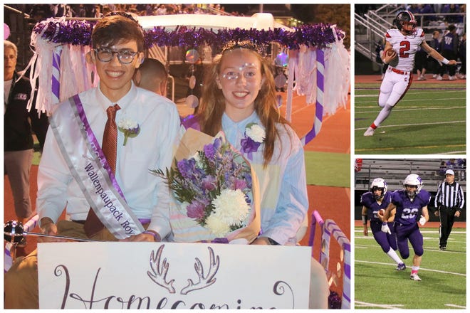 Paupack and North Pocono squared off Friday night on the shors of The Big Lake in Week 7 Lackawanna Football Conference action. Pictured are (at left): Adam Basile and Paulina Schmidt were chosen as the  Homecoming King and Queen during Friday’s halftime festivities. Top Right: Michael Blaine (2) accounted for two North Pocono touchdowns and 210 yards while Bottom Left: Drew Kiesendahl (27) and Dylan Podrazil (26) led the Paupack rushing campaign.