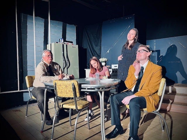 Bill Klein, left, Casey Dyczko, Kristin Wielenga and Jeff Starkey rehearse a scene for Tin Shop Theatre's production of Noah Haidle's “Smokefall” that opens Oct. 14 and continues through Oct. 23, 2022, at the Buchanan theater.