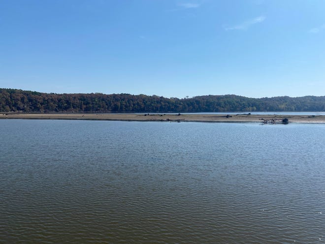 Lee Creek Reservoir, a source of water for Fort Smith, is down during the ongoing drought. A sandbar that is no longer underwater shows in a recent photo.