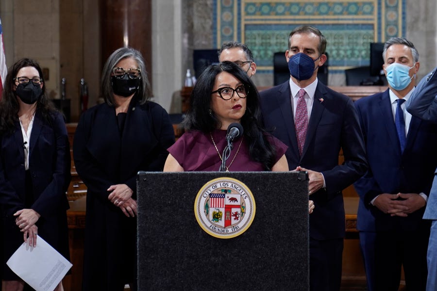 Los Angeles City Council President Nury Martinez, here at a news conference on April 1, 2022, announced on Oct. 11 that she's taking a leave of absence after leaked racist remarks.