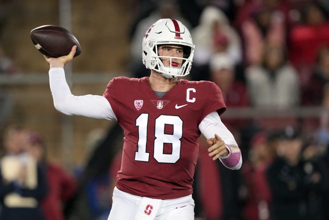 Oct 8, 2022; Stanford, California, USA; Stanford Cardinal quarterback Tanner McKee (18) throws a pass against the Oregon State Beavers during the second quarter at Stanford Stadium. Mandatory Credit: Darren Yamashita-USA TODAY Sports