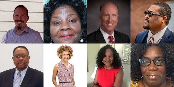 Candidates for Cumberland County school board, from top left clockwise, John Ornelas, Judy D. Musgrave, Greg West, Nyrell Melvin, Carol Stubbs, Jacquelyn Brown, Julissa Jumper and Charles McKellar.
