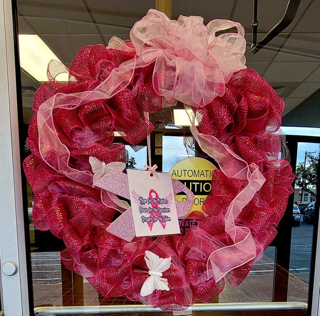 A Breast Cancer Awareness Month wreath inside the Taylor County Plaza. Taylor County Commissioners recognized the yearly observance Tuesday.