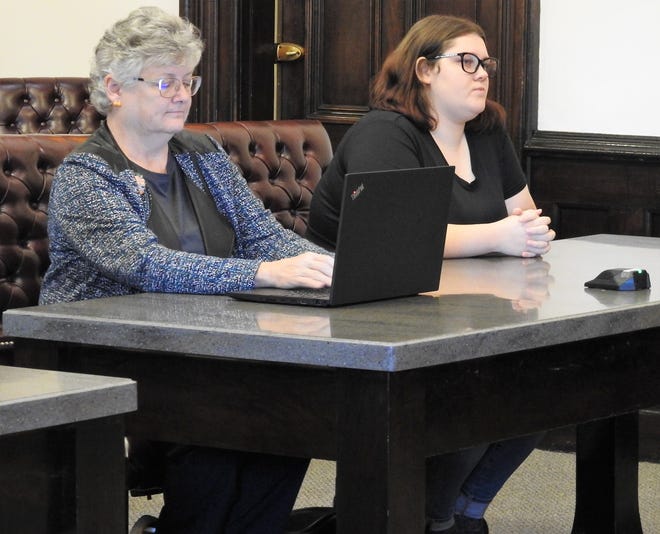 Attorney Marie Seiber with client Abigail Scurlock Tuesday in Coshocton County Common Pleas Court. Scurlock received 4 to 6 years in prison, with the minimum term mandatory, for two counts of trafficking in methamphetamine.