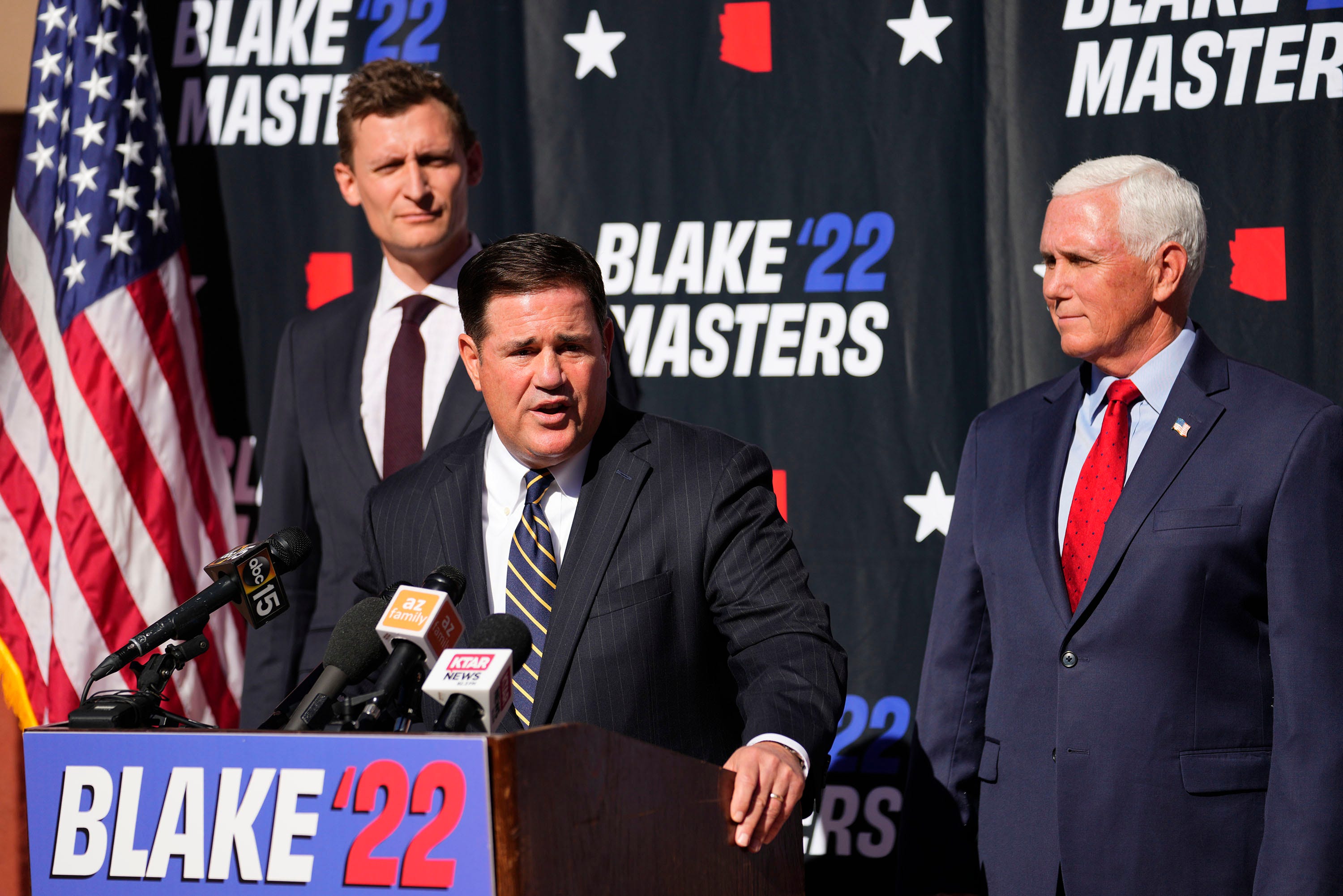 Republican Blake Masters, a U.S. Senate candidate in Arizona, holds a press conference with Arizona Gov. Doug Ducey and former Vice President Mike Pence at a school choice event earlier this month.