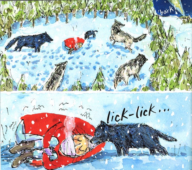 A girl lost in the snow is saved by a wolf pup that she saved in Matthew Cordell's award-winning book "Wolf in the Snow."