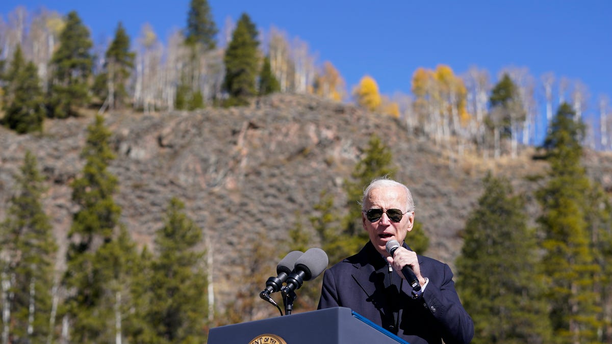 President Joe Biden speaks about protecting and conserving America's iconic outdoor spaces in Camp Hale near Leadville, Colo., Wednesday, Oct. 12, 2022.