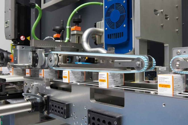 Packaging line of Pfizer-BioNTech Omicron BA.4/BA.5 bivalent COVID-19 vaccine vials for children ages 5 to 11 years old at Pfizer Kalamazoo.
Handout Pfizer photo