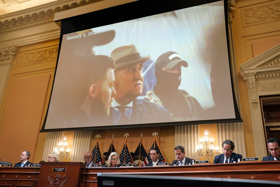 An image of Roger Stone on Jan. 5, 2021, is displayed during a June public hearing of the House committee investigating the Jan. 6 attack on the U.S. Capitol.