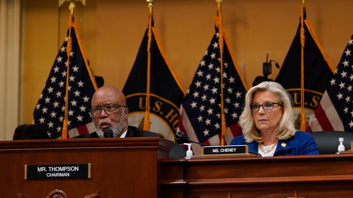 Rep. Bennie Thompson (D-Miss.), with Rep. Liz Cheney, R-Wyo, at right, opens the public hearing before the House select committee to investigate the January 6 attack on the United States Capitol on Oct. 13, 2022.