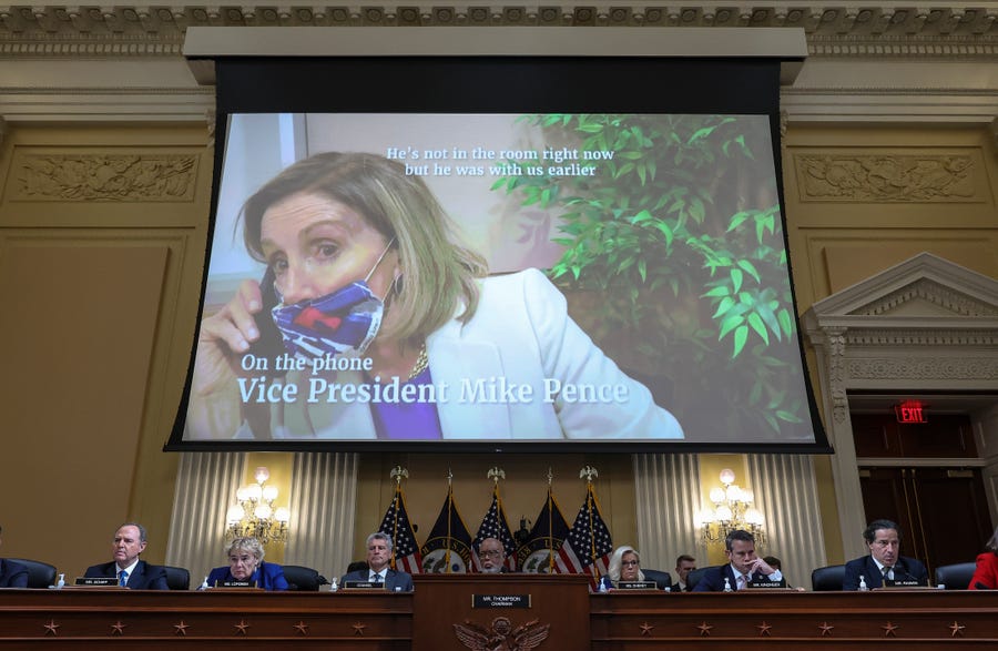 WASHINGTON, DC - OCTOBER 13: A video of U.S. Speaker of the House Nancy Pelosi (D-CA) is played during a hearing by the House Select Committee to Investigate the January 6th Attack on the U.S. Capitol in the Cannon House Office Building on October 13, 2022 in Washington, DC. The bipartisan committee, in possibly its final hearing, has been gathering evidence for almost a year related to the January 6 attack at the U.S. Capitol. On January 6, 2021, supporters of former President Donald Trump attacked   the U.S. Capitol Building during an attempt to disrupt a congressional vote to confirm the electoral college win for President Joe Biden. (Photo by Alex Wong/Getty Images)