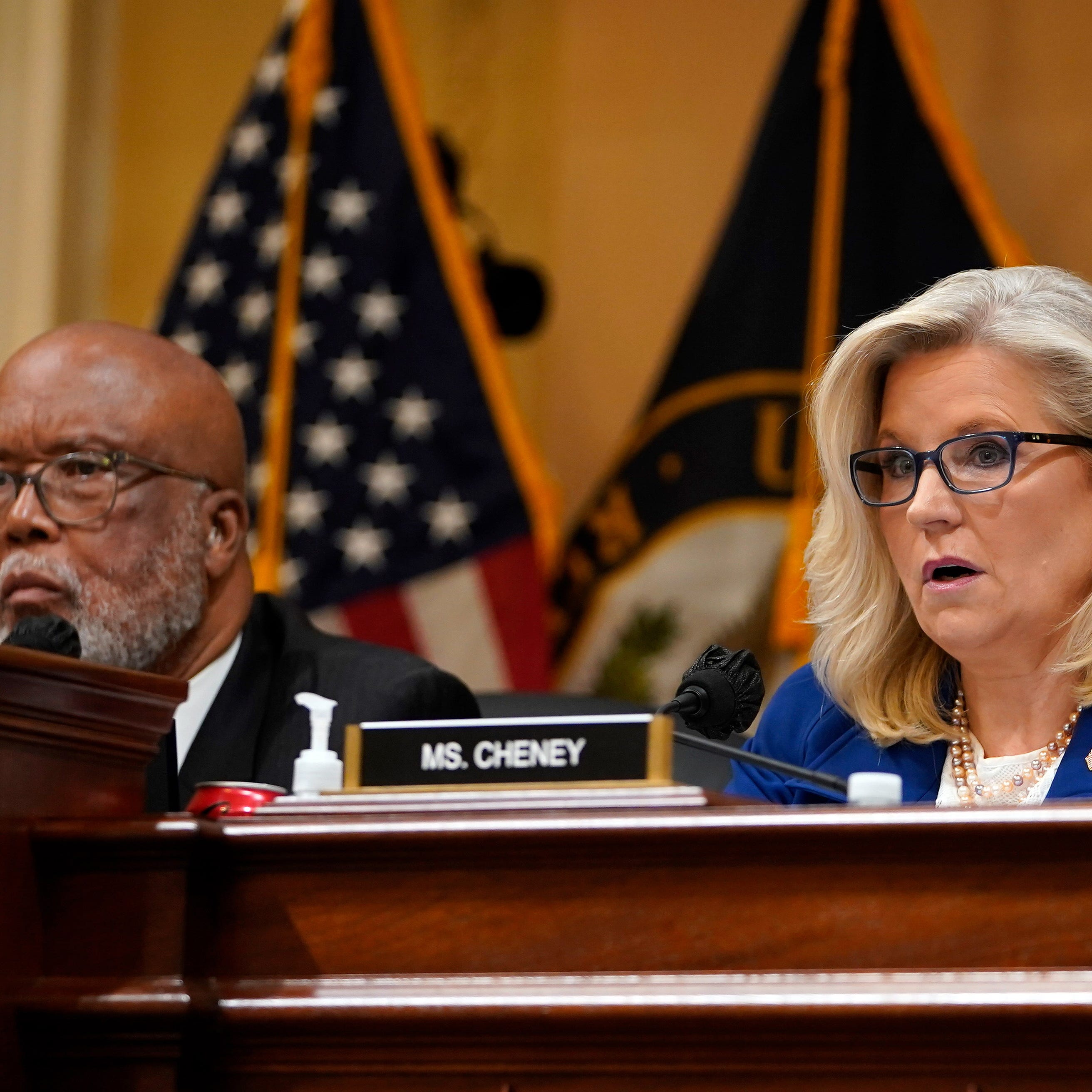 Rep. Liz Cheney, R-Wyo, making a motion to subpoena former President Trump during the hearing. The committee to investigate the January 6 attack on the United States Capitol resumes public hearings at the US Capitol on Oct. 13, 2022 in Washington DC.