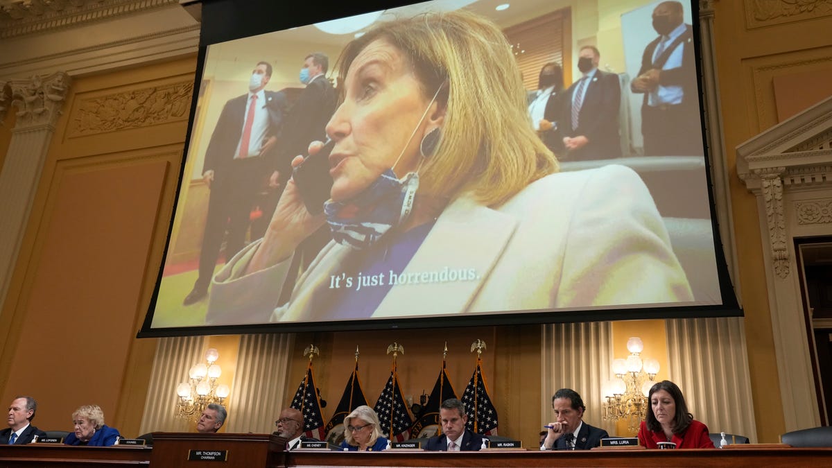 House Speaker Rep. Nancy Pelosi, (R), Ca., appears on a video during the Oct. 13, 2022 hearing of the committee to investigate the January 6 attack on the United States Capitol in Washington DC.