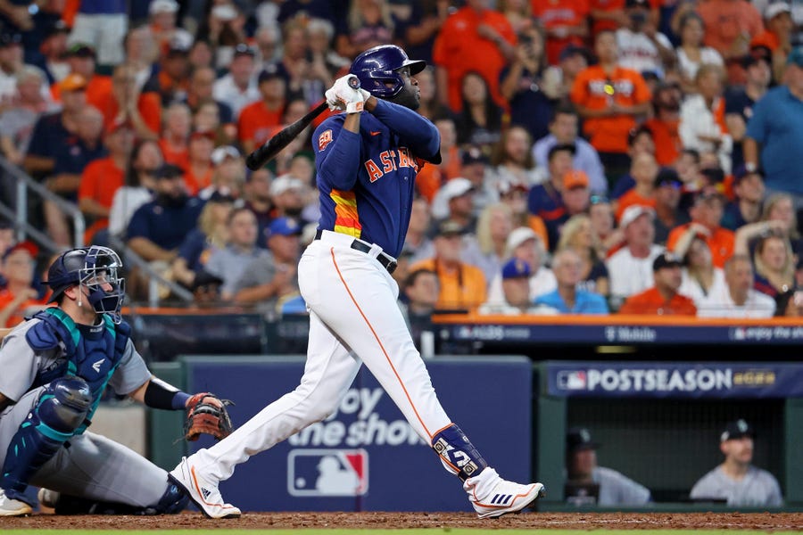 Astros left fielder Yordan Alvarez hits a two-run home run in the sixth inning.