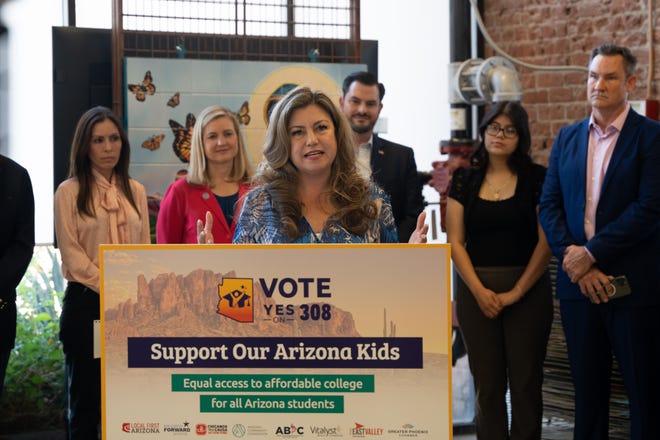 Monica Villalobos, president & CEO of the Arizona Hispanic Chamber, speaks during a press conference in support of Proposition 308 at Xico Inc in Phoenix, AZ on Oct. 14, 2022.