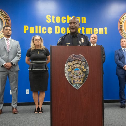 Stockton Police Chief Stanley McFadden speaks duri