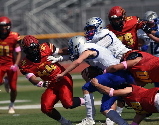 The Centennial Hawk defense suffocated the Carlsbad Cavemen offense in district competition at Field of Dreams on Saturday afternoon.  Photo taken 10/15/22.
