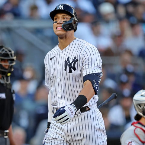 New York Yankees right fielder Aaron Judge reacts 