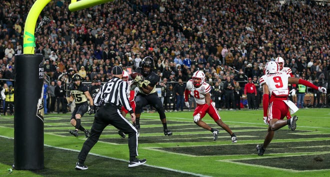Purdue Boilermakers wide receiver TJ Sheffield (9) catches a throw and scores a touchdown during the NCAA football game against the Nebraska Cornhuskers, Saturday, Oct. 15, 2022, at Ross-Ade Stadium in West Lafayette, Ind.
