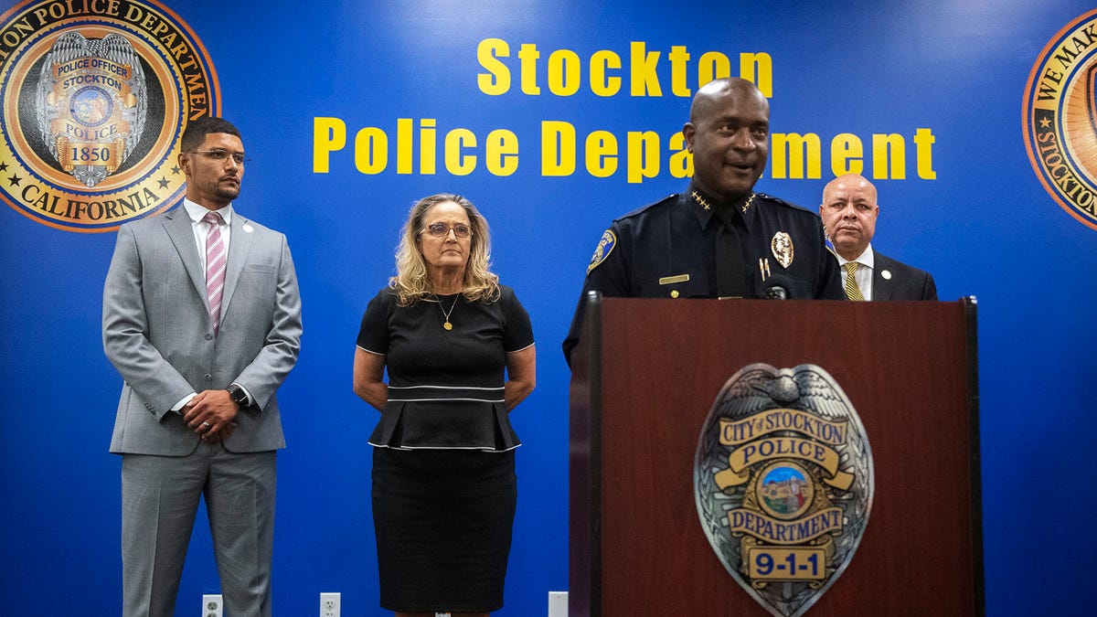 Stockton Police Chief Stanley McFadden speaks during a news conference at the Stockton Police Department headquarters about the arrest of a suspect in a series of killings in Stockton, Calif., Saturday, Oct. 15, 2022.