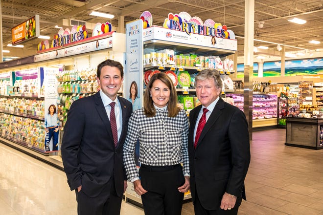 From left to right, Rick Saker, senior vice president of merchandising at Saker ShopRites; Carole Middleton, founder of Party Pieces; and Richard Saker, president and chief executive officer at Saker ShopRites. Party Pieces Collection is now on sale at select Saker ShopRite supermarkets.