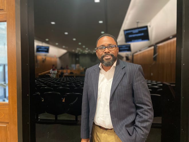 Frank Johnson is an applicant to the District 7 vacancy on the Memphis-Shelby County Schools board. He is photographed here on Monday, Oct. 17, 2022 in the Shelby County Commission chambers ahead of applicant interviews and a vote for appointment.