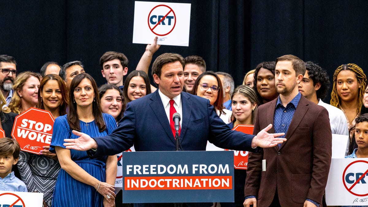 Gov. Ron DeSantis publicly signs his "Stop Woke" bill at Mater Academy Charter Middle/High School in Hialeah Gardens, Fla., on April 22, 2022.