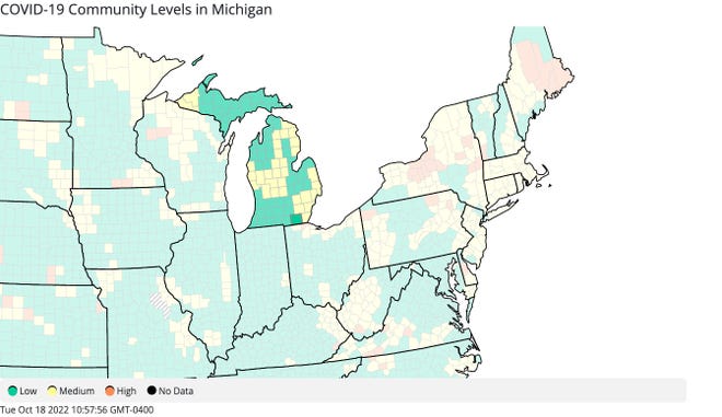 Lenawee County is in the low community COVID-19 level, according to the Centers for Disease Control and Prevention. Counties in the low category are in green, medium is marked in yellow and high is in orange. No counties in Michigan are in the high category.
